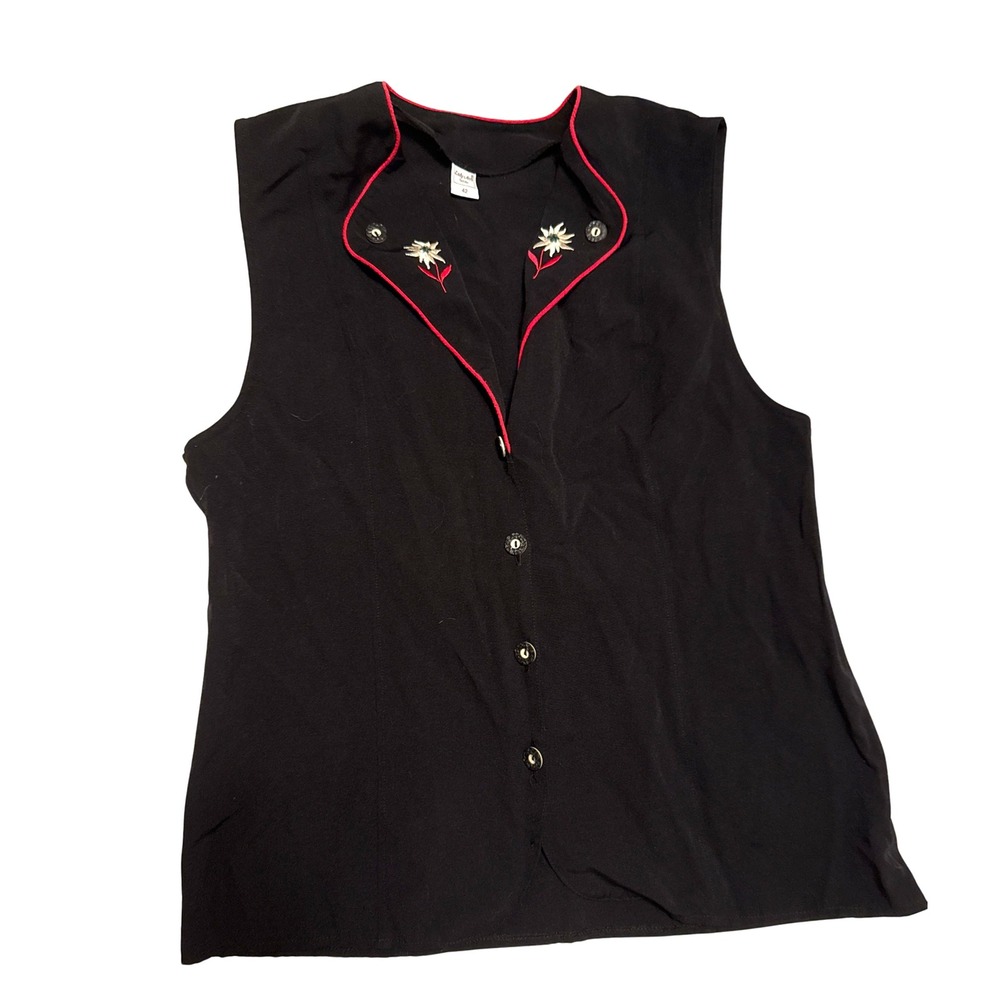 Lady Anne Fashion Vintage Black Embroidered Floral Vest Red Piping Size 42